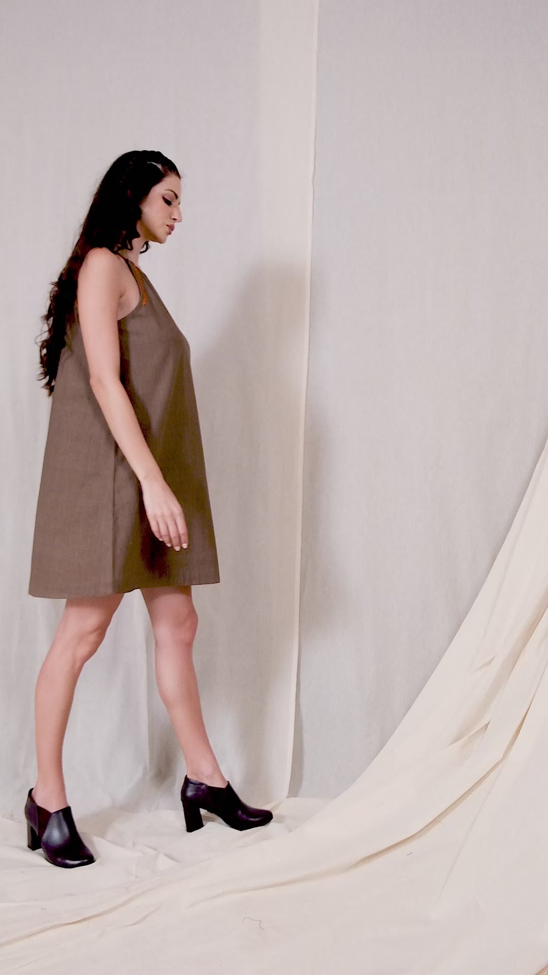 Brown Organic Khadi Halter Spaghetti Dress
