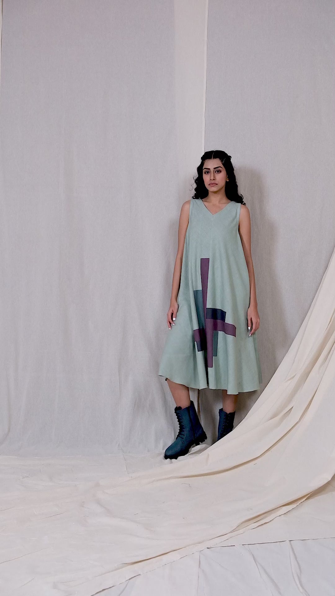 Green Organic Khadi Colour Block Midi Dress