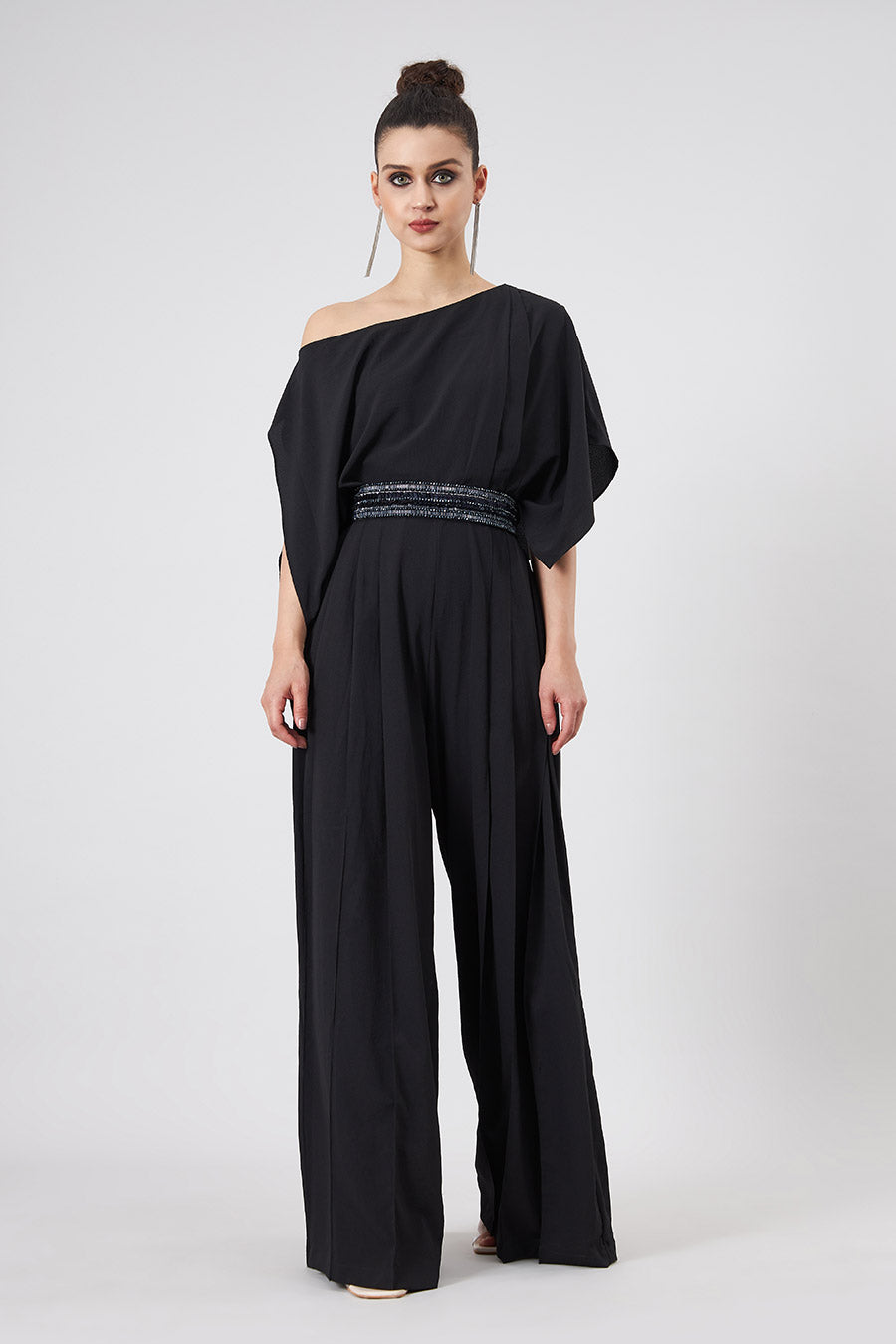 Black Draped Jumpsuit With Embellished Belt