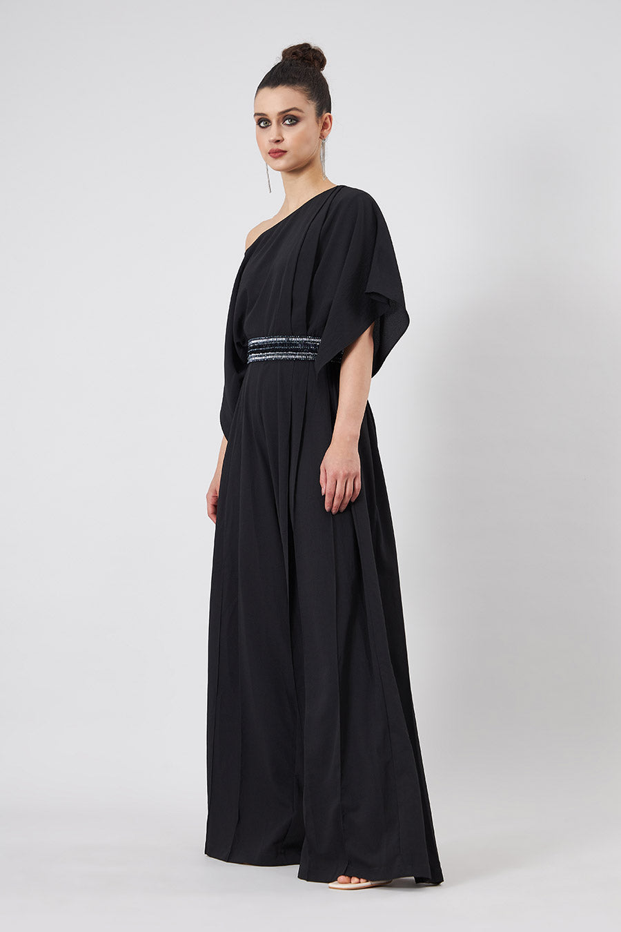 Black Draped Jumpsuit With Embellished Belt