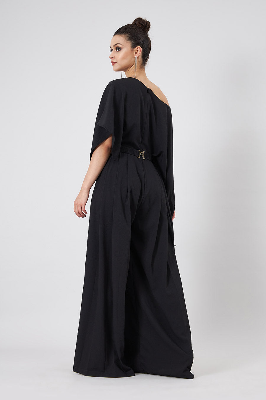 Black Draped Jumpsuit With Embellished Belt