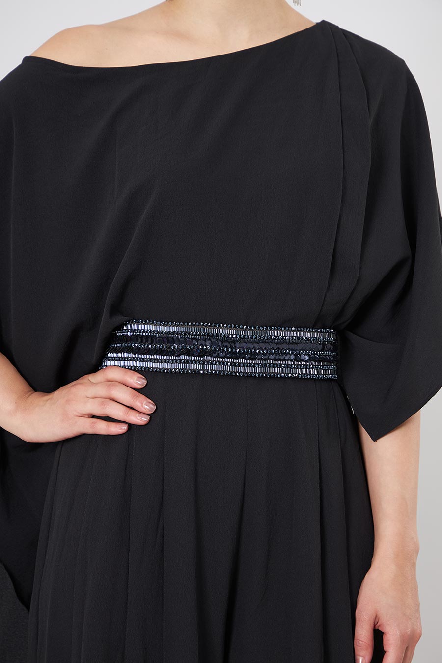 Black Draped Jumpsuit With Embellished Belt