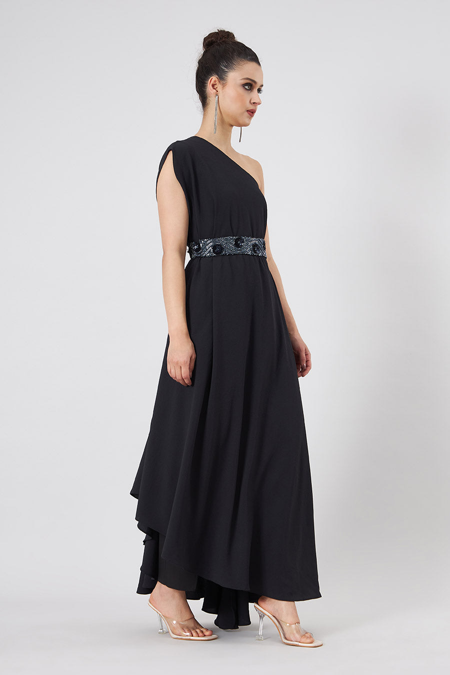 Black Off-Shoulder Dress With Embellished Belt