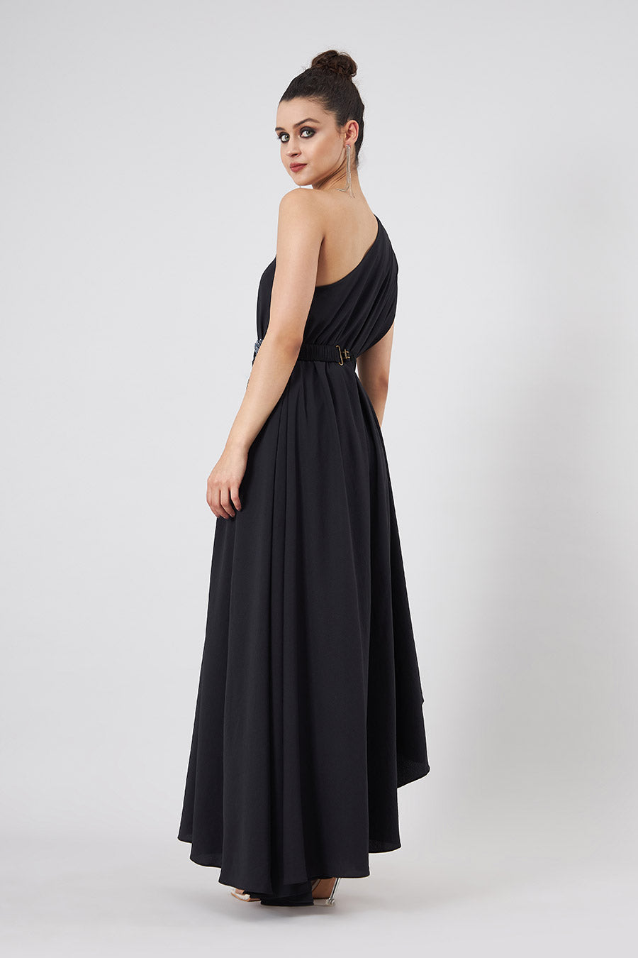 Black Off-Shoulder Dress With Embellished Belt