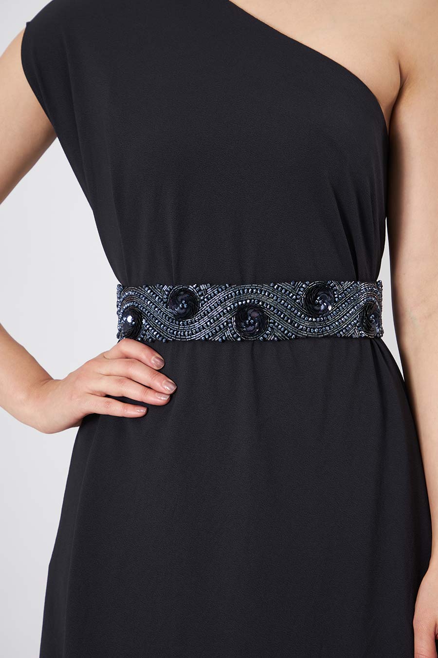 Black Off-Shoulder Dress With Embellished Belt