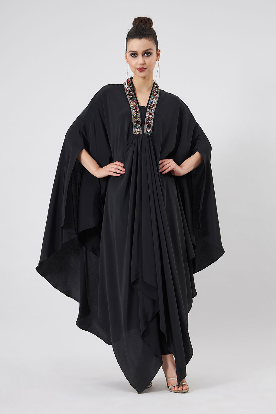 Crystal Embellished Black Kaftan & Pant Set