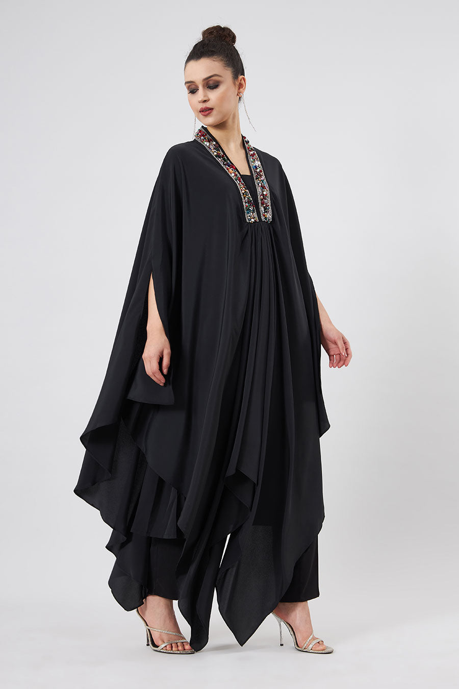 Crystal Embellished Black Kaftan & Pant Set