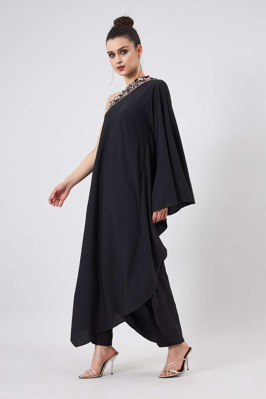 Black Embellished One-Shoulder Kaftan & Pant Set