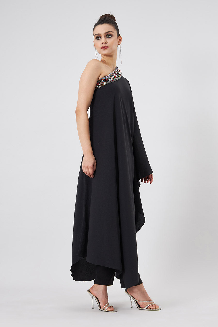 Black Embellished One-Shoulder Kaftan & Pant Set