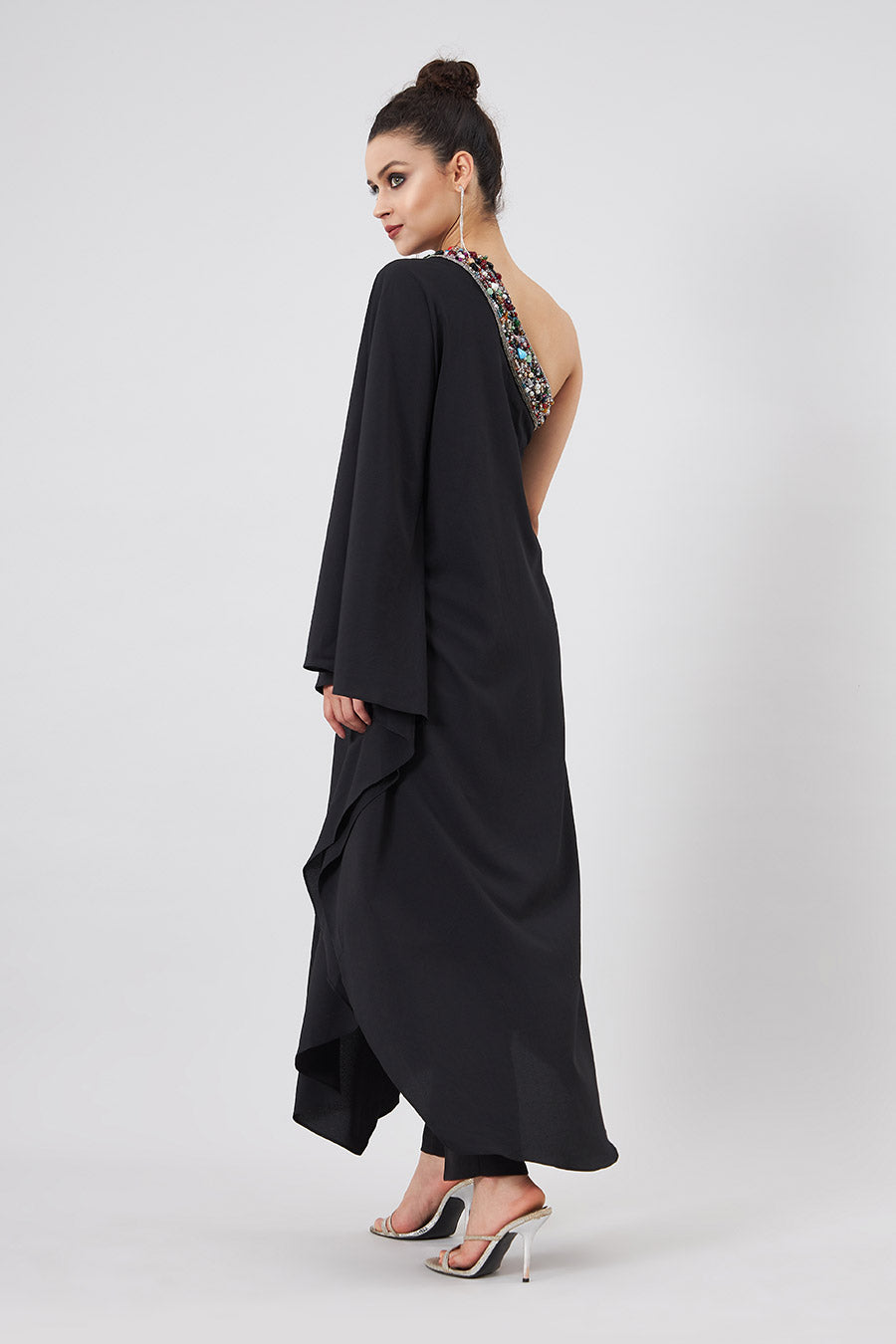 Black Embellished One-Shoulder Kaftan & Pant Set
