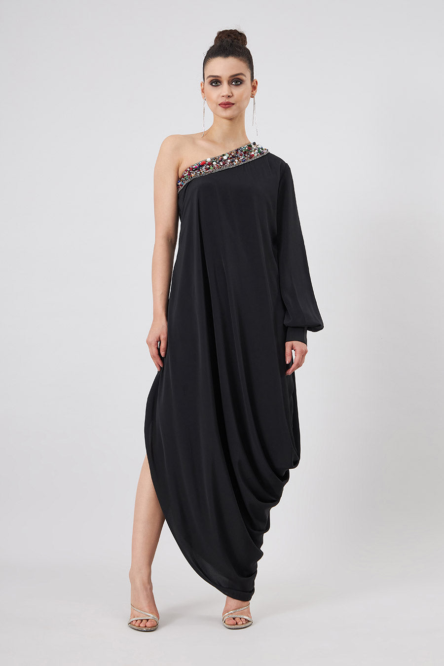 Black Embellished Cowl Draped Dress