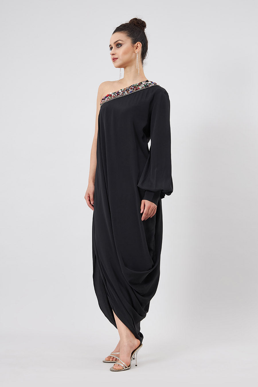 Black Embellished Cowl Draped Dress