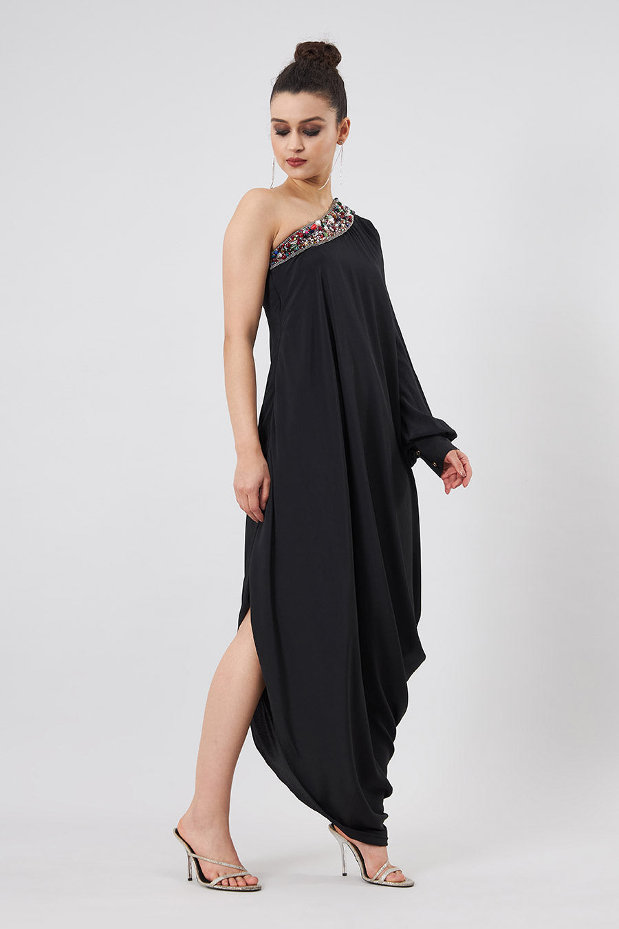 Black Embellished Cowl Draped Dress