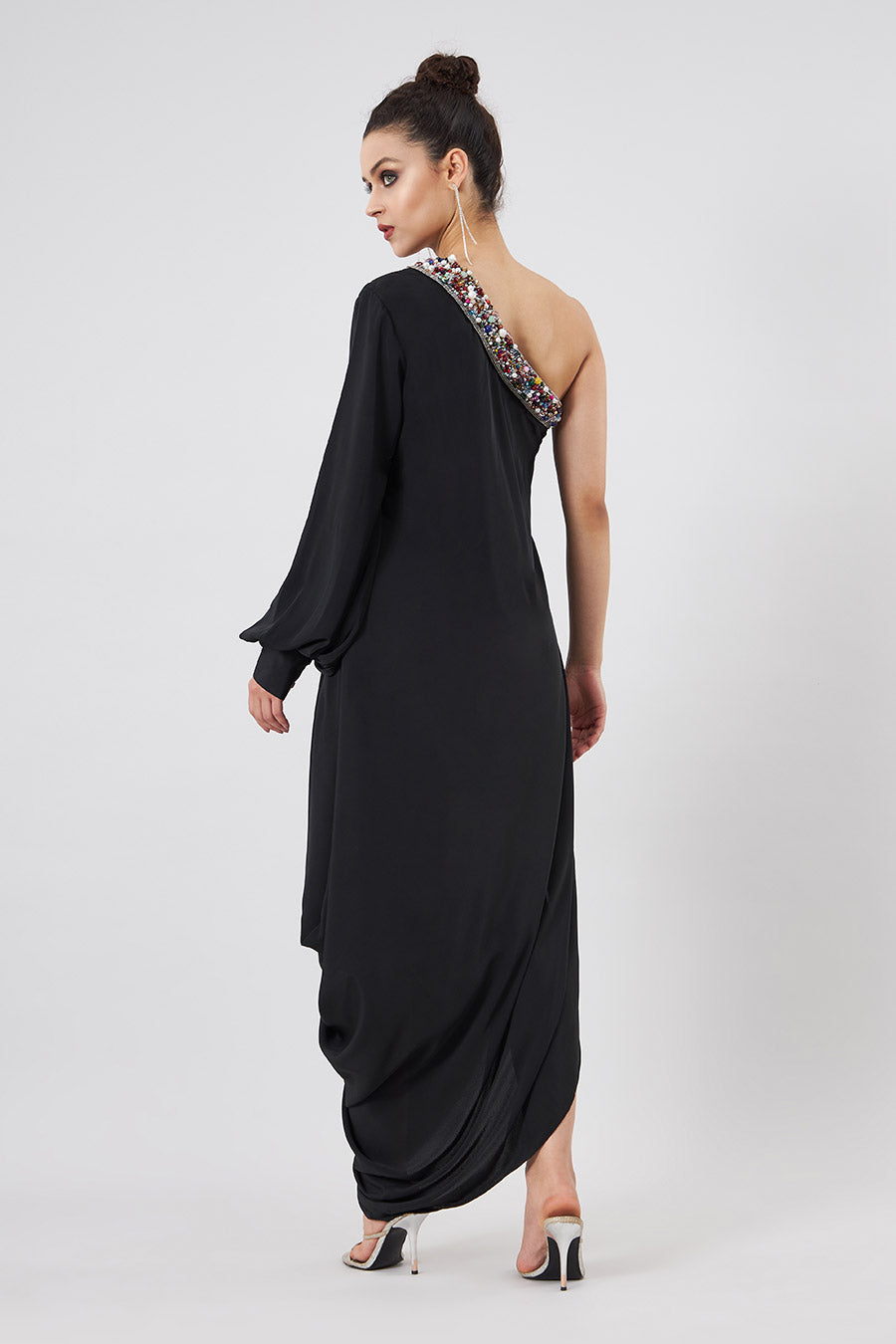 Black Embellished Cowl Draped Dress