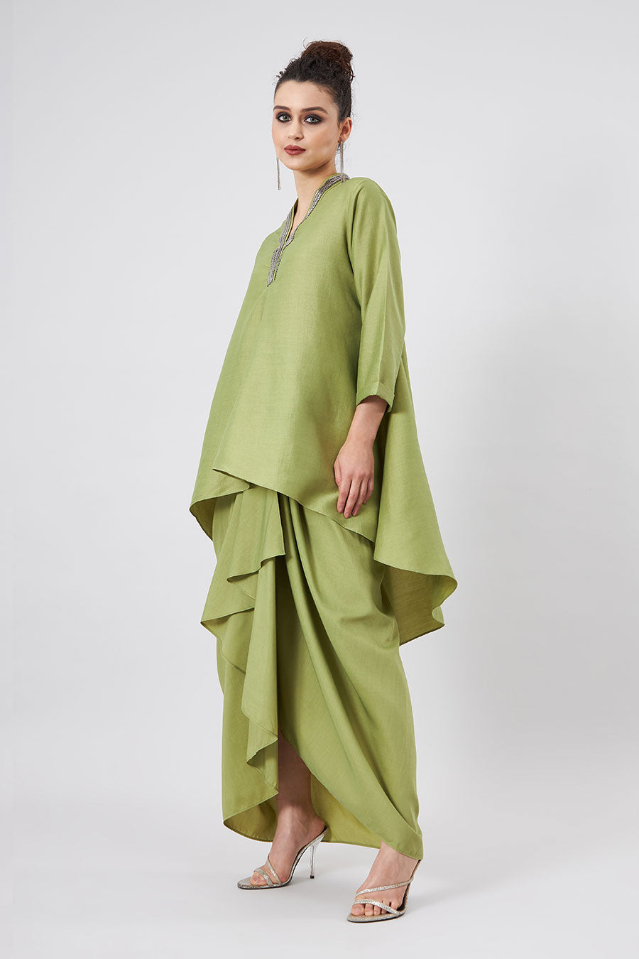 Green Tunic & Drape Skirt Co-Ords Set