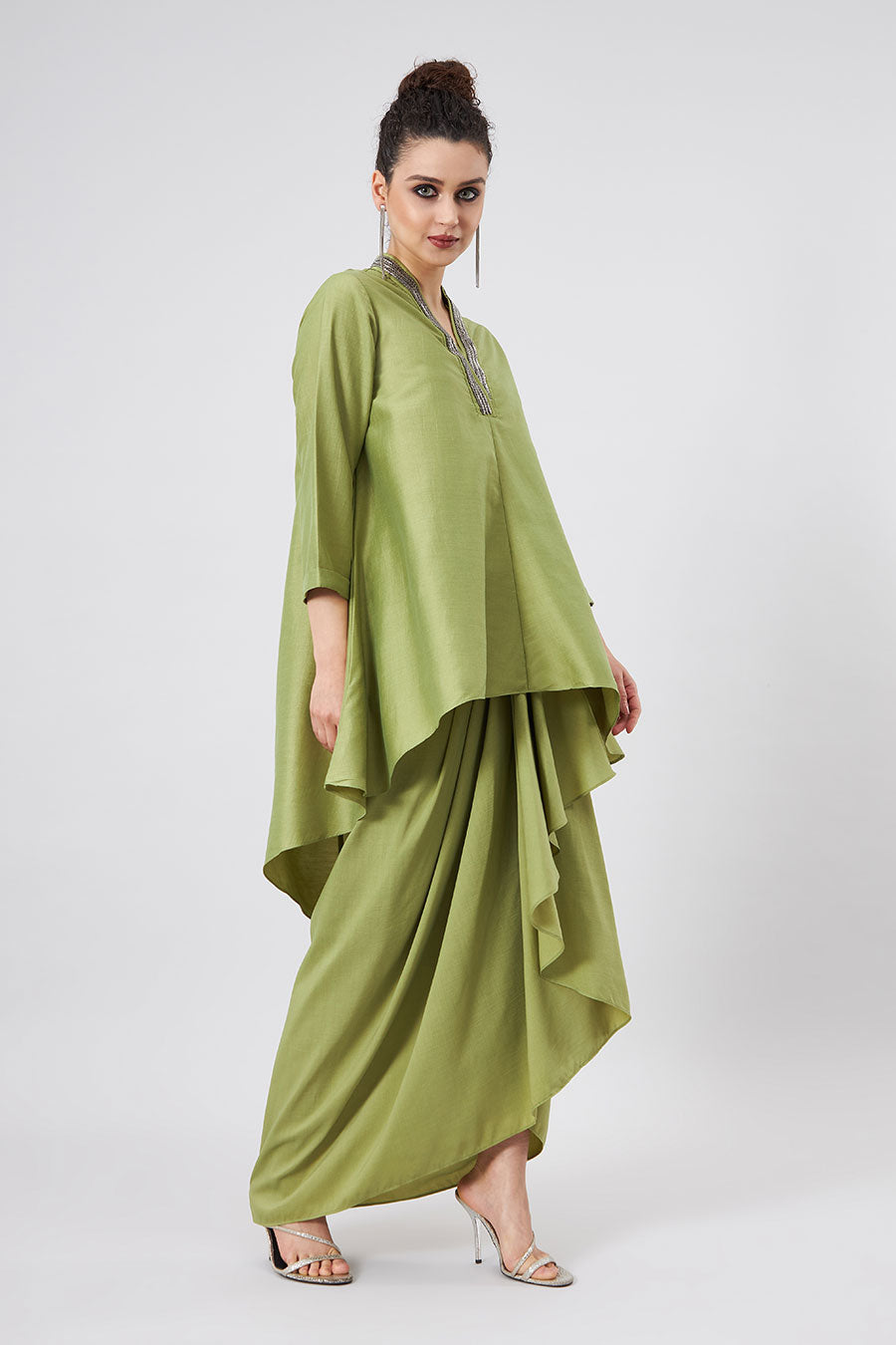 Green Tunic & Drape Skirt Co-Ords Set