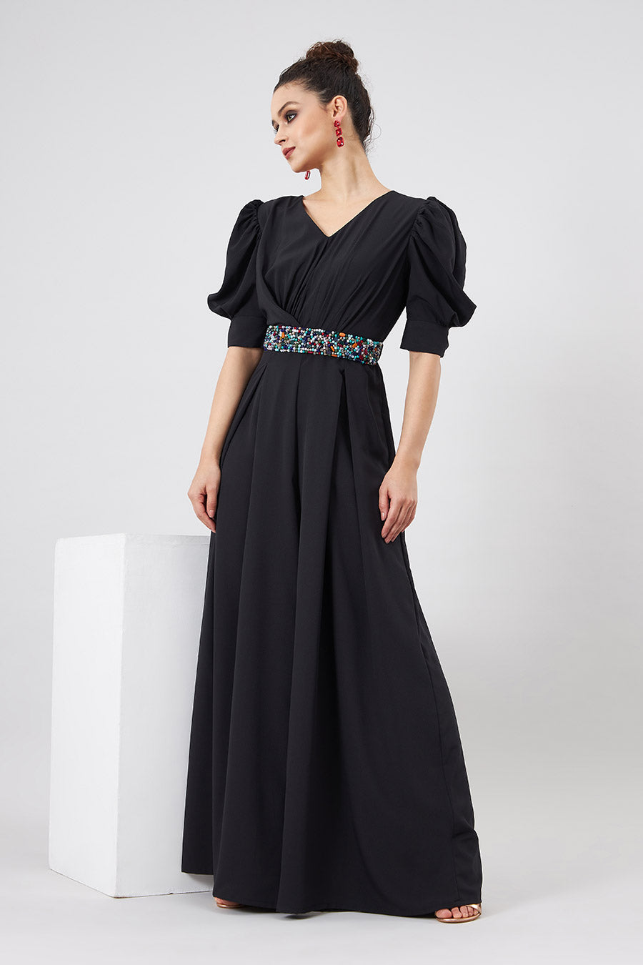 Black Jumpsuit With Crystal Embellished Belt