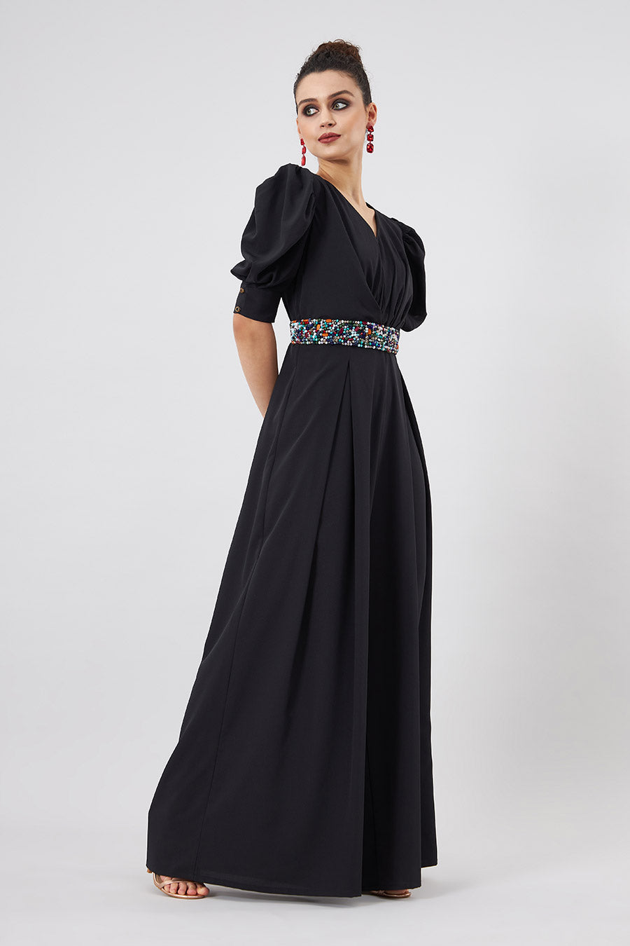 Black Jumpsuit With Crystal Embellished Belt