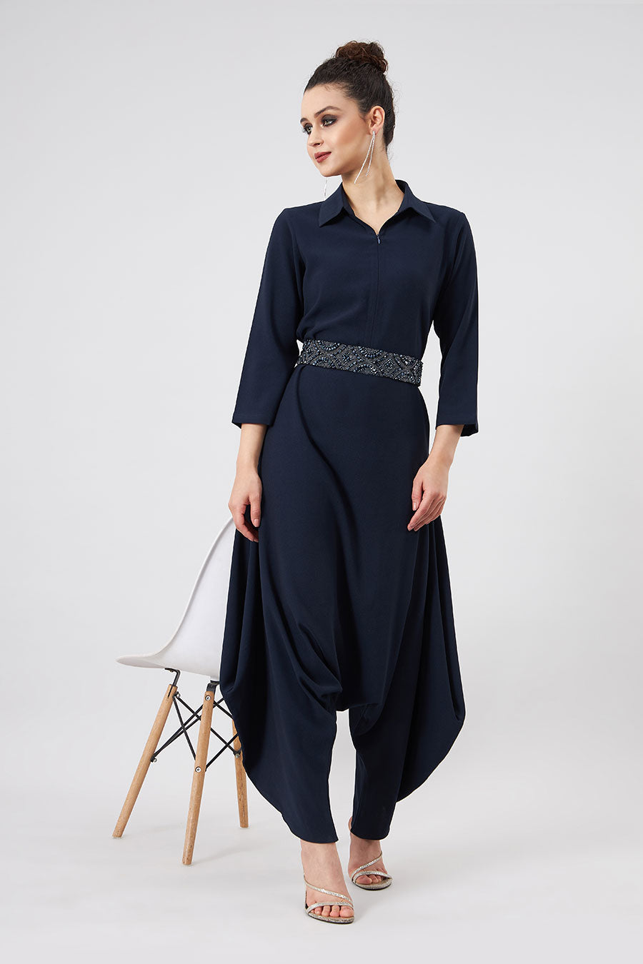 Navy Lounge Jumpsuit With Embellished Belt