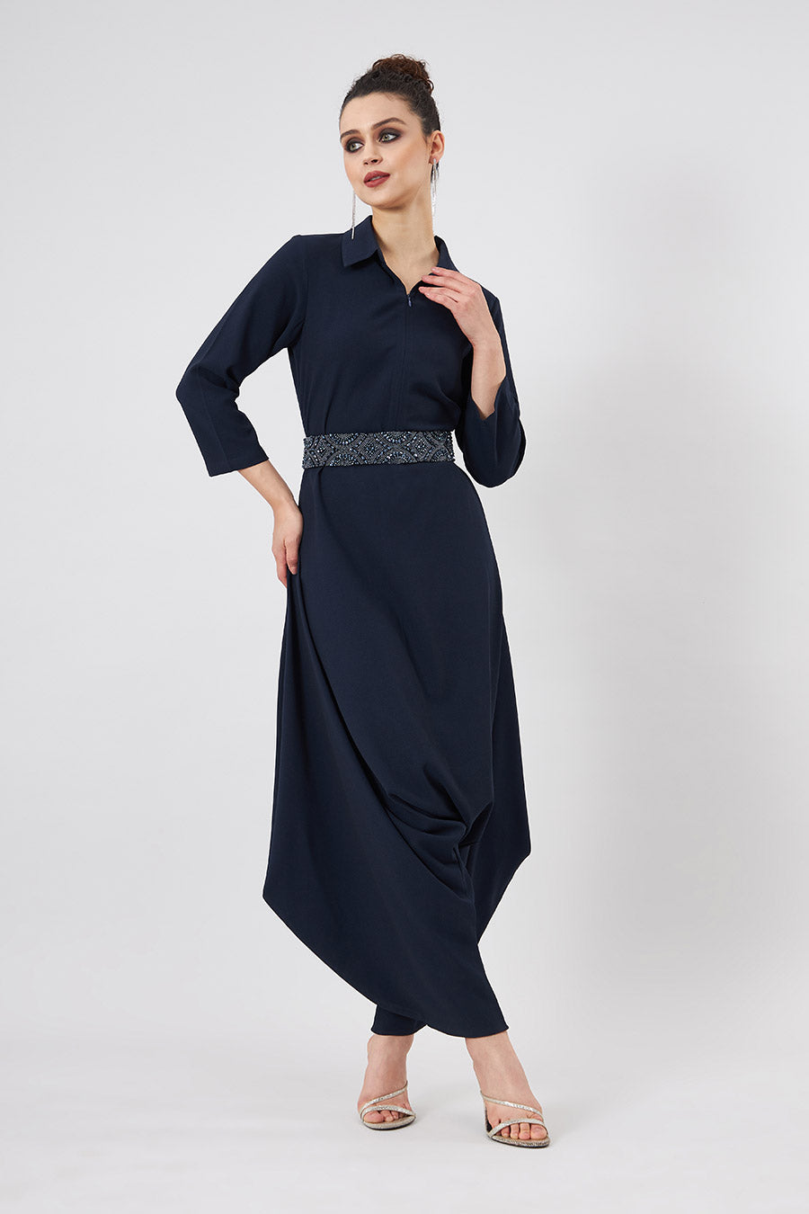 Navy Lounge Jumpsuit With Embellished Belt