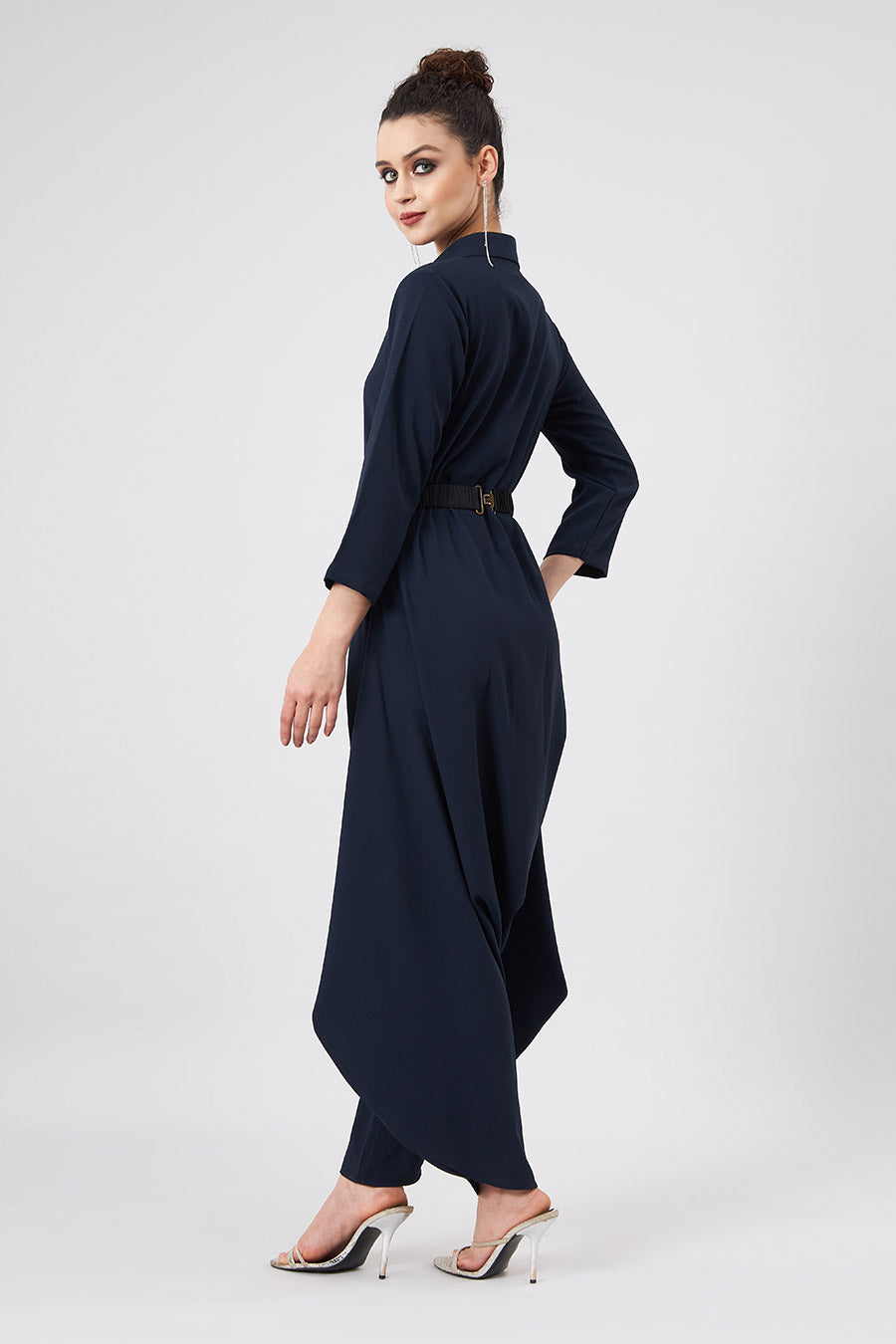 Navy Lounge Jumpsuit With Embellished Belt
