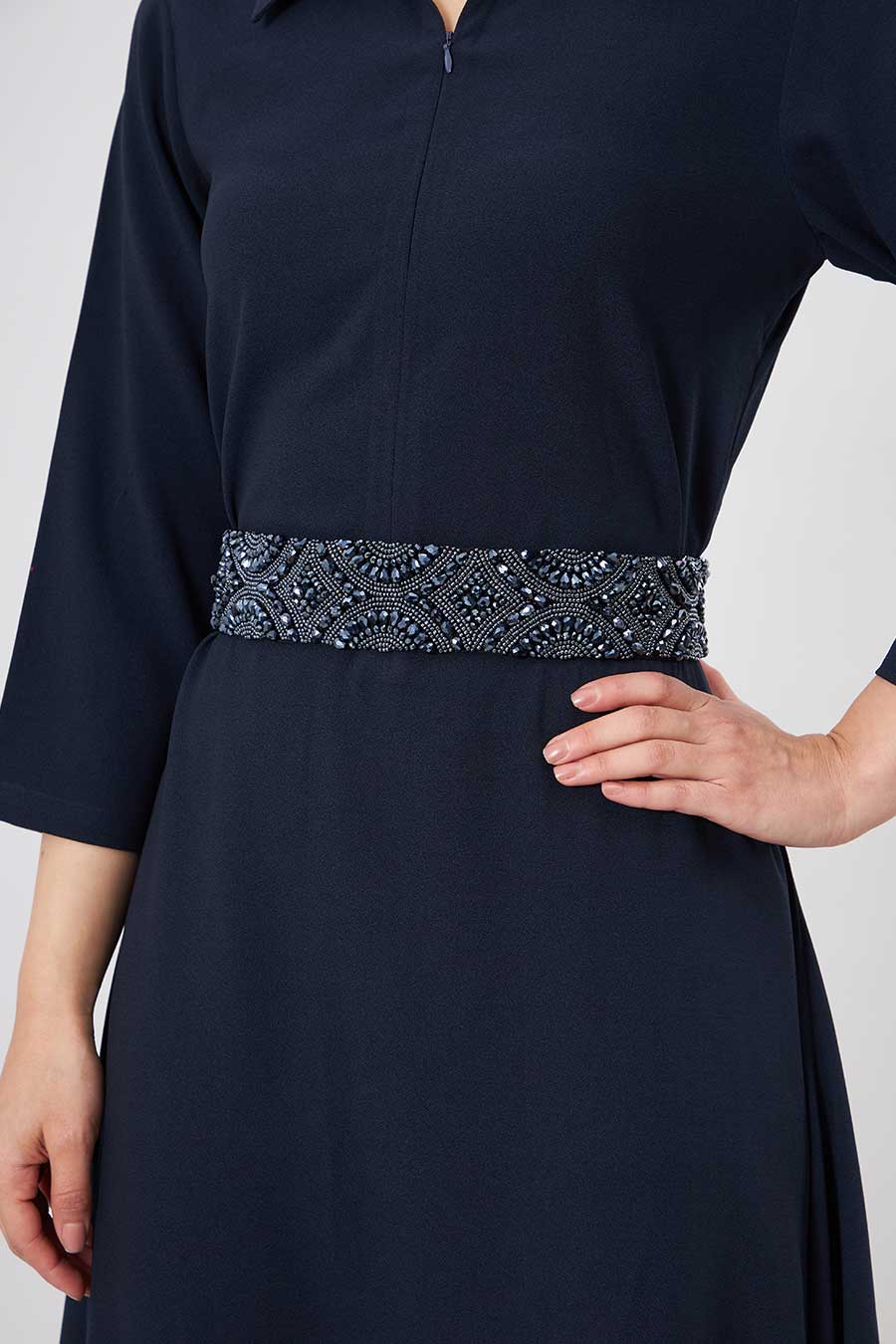 Navy Lounge Jumpsuit With Embellished Belt