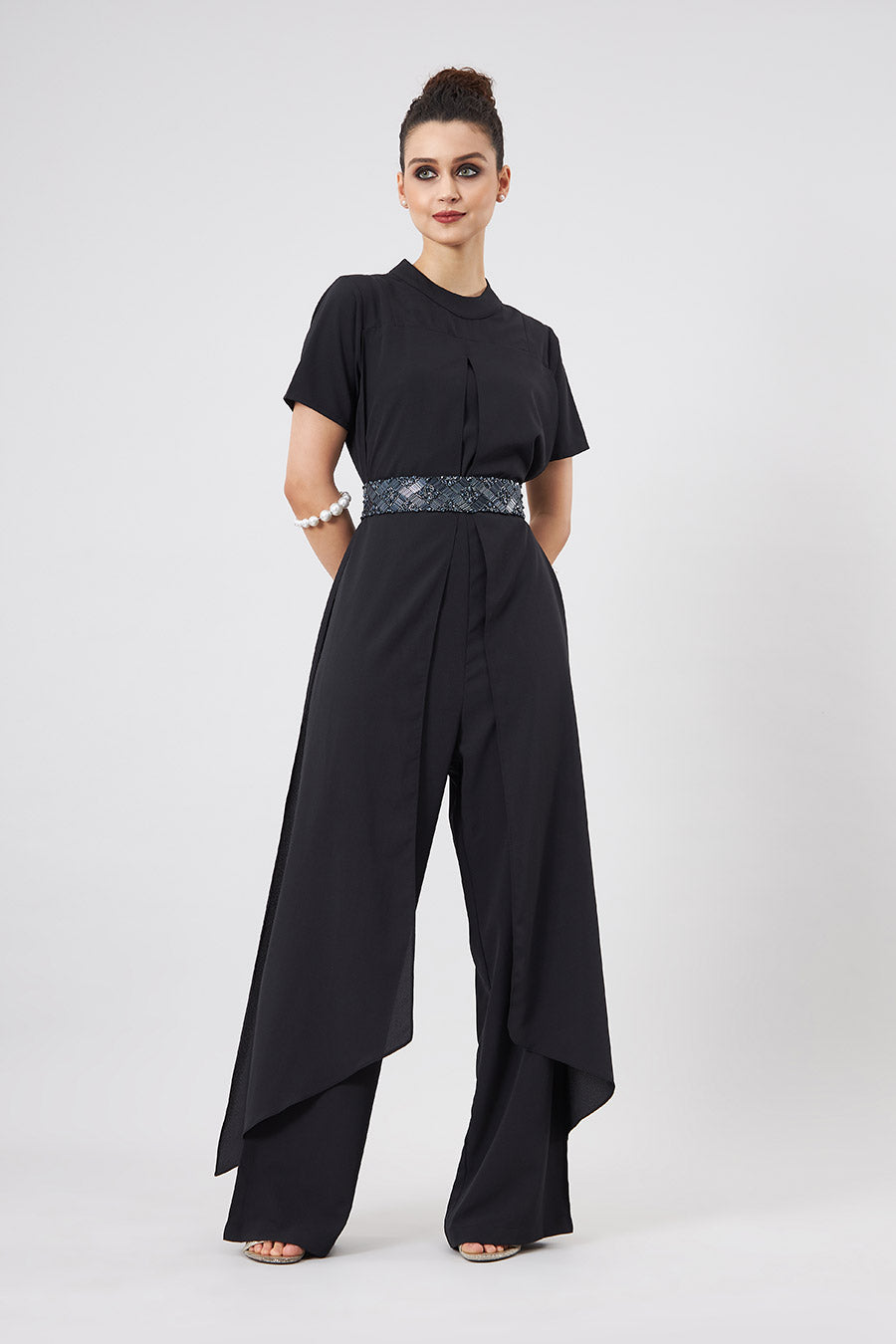 Black Layered Jumpsuit With Embellished Belt