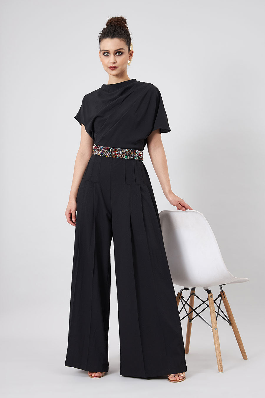 Black Drape Jumpsuit With Embellished Belt