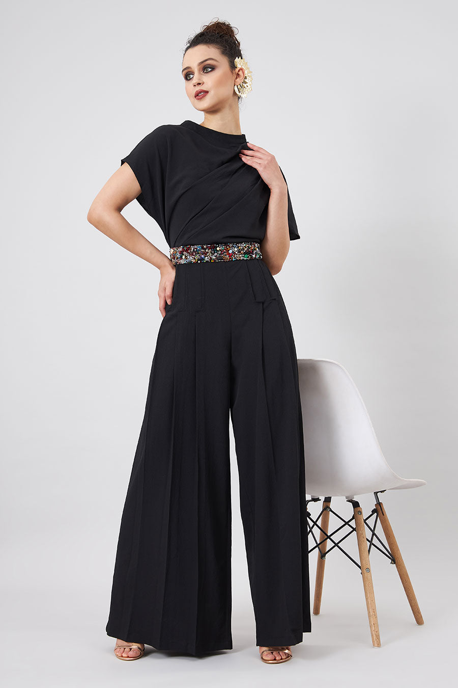 Black Drape Jumpsuit With Embellished Belt