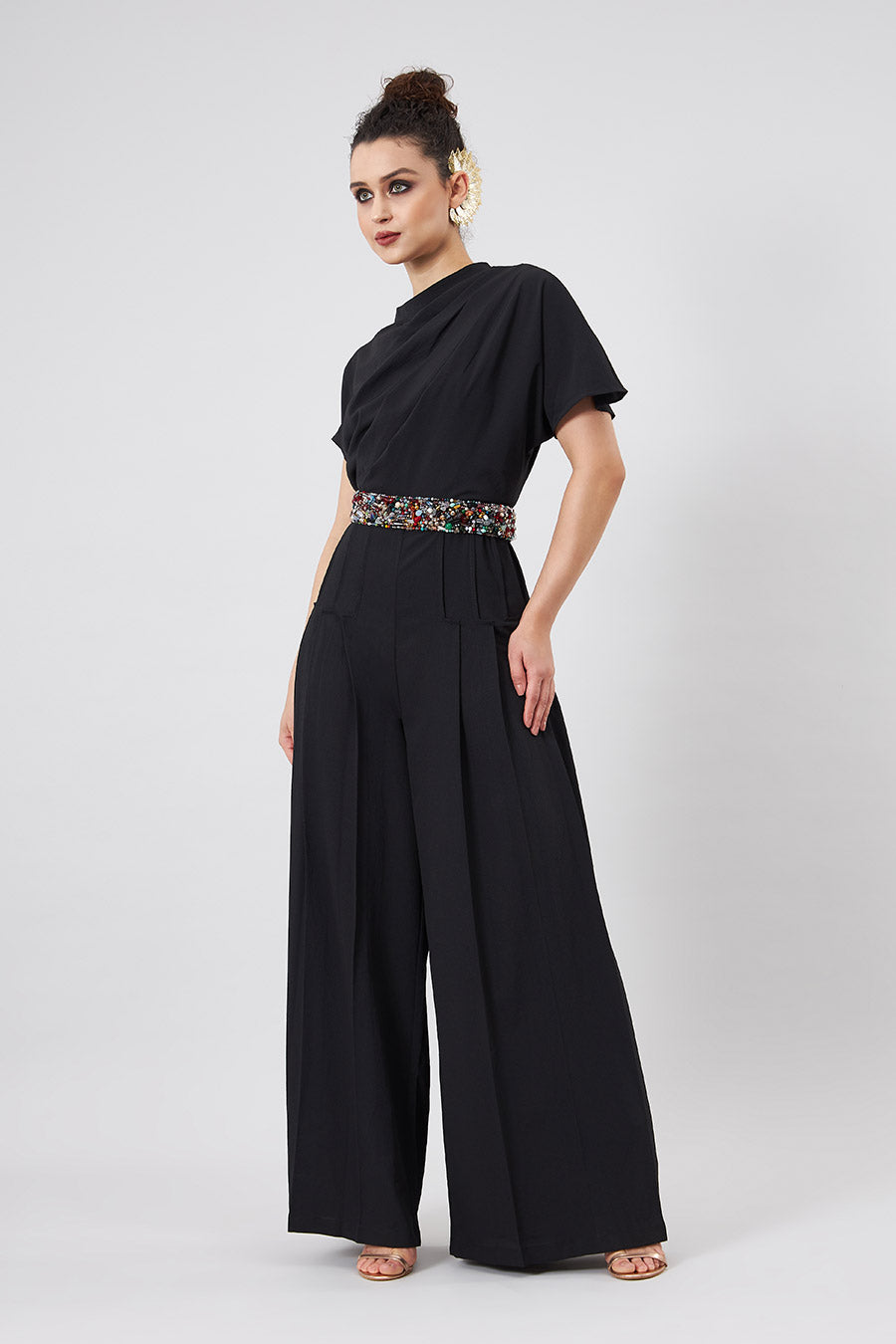 Black Drape Jumpsuit With Embellished Belt