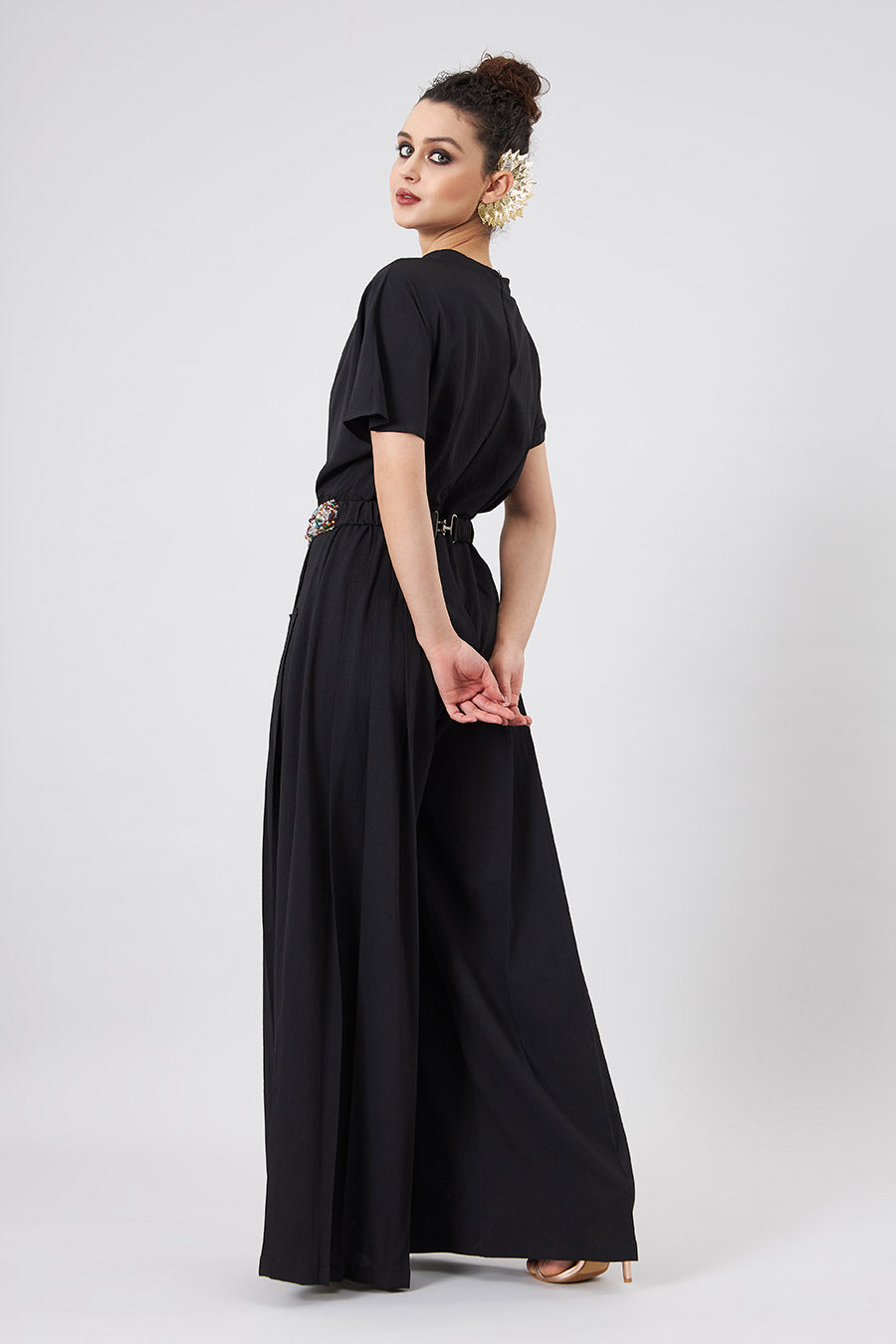 Black Drape Jumpsuit With Embellished Belt