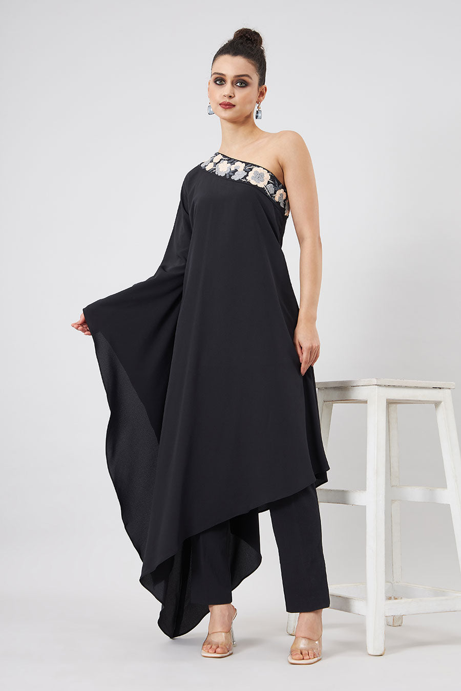 Black One-Shoulder Boho Kaftan & Pant Set