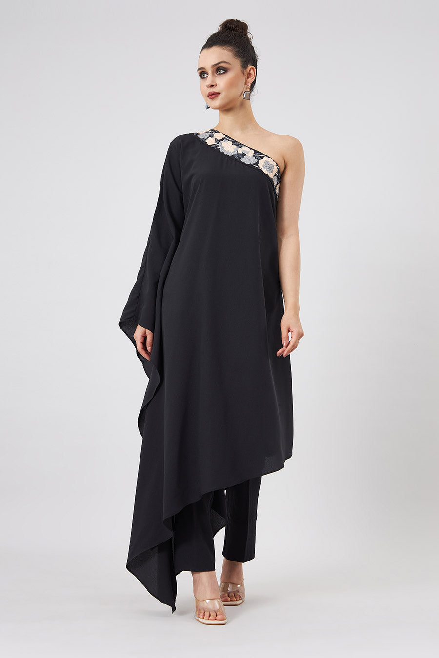 Black One-Shoulder Boho Kaftan & Pant Set