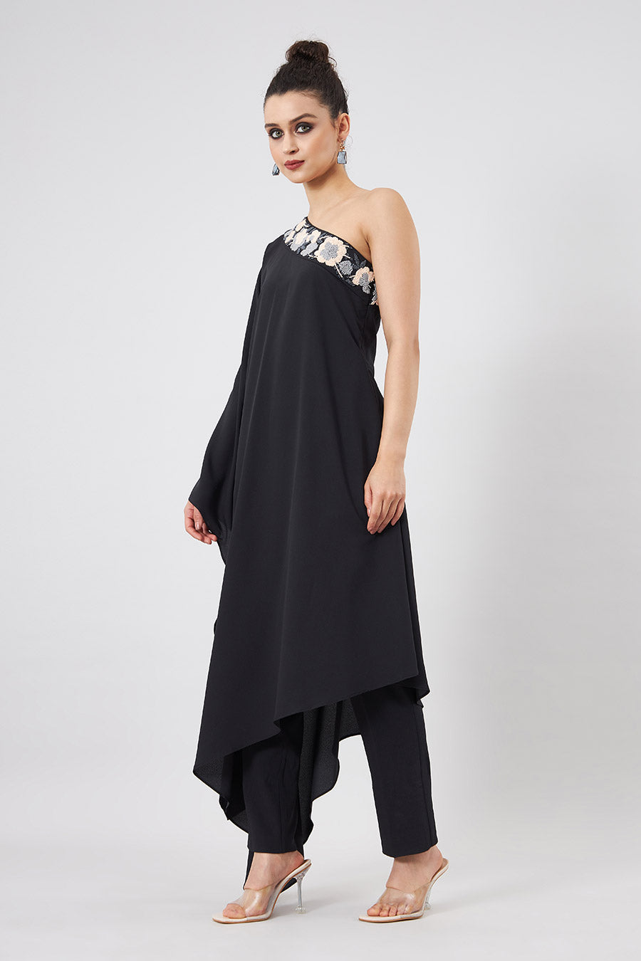 Black One-Shoulder Boho Kaftan & Pant Set