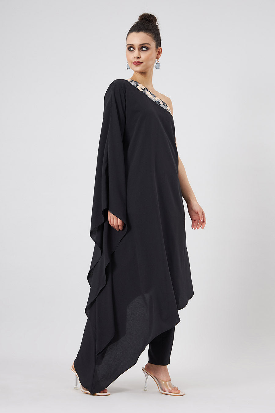 Black One-Shoulder Boho Kaftan & Pant Set