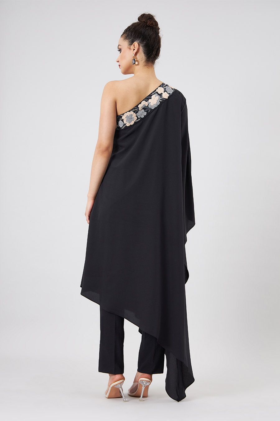 Black One-Shoulder Boho Kaftan & Pant Set