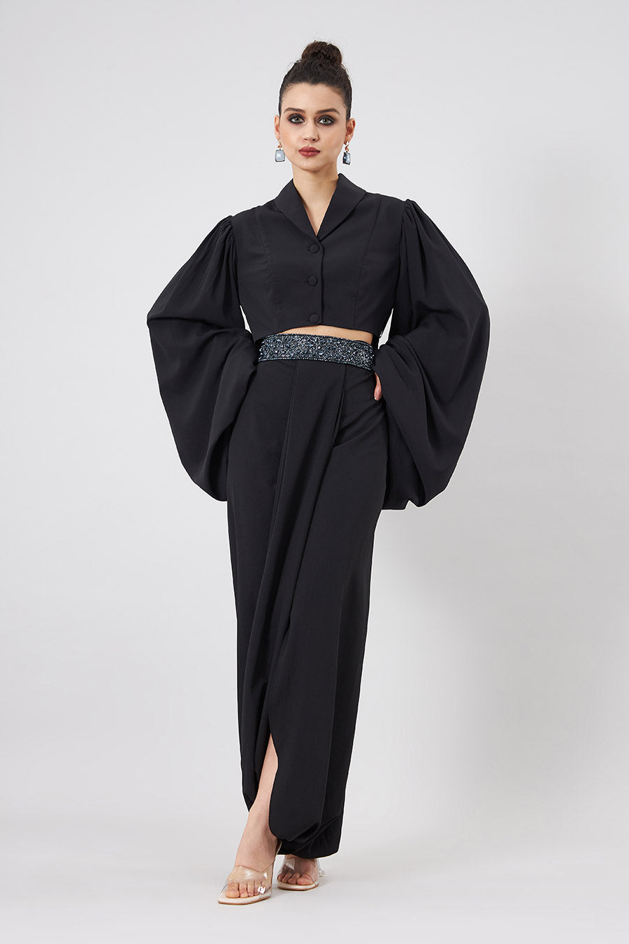 Black Crop Blazer & Skirt With Emebllished Belt