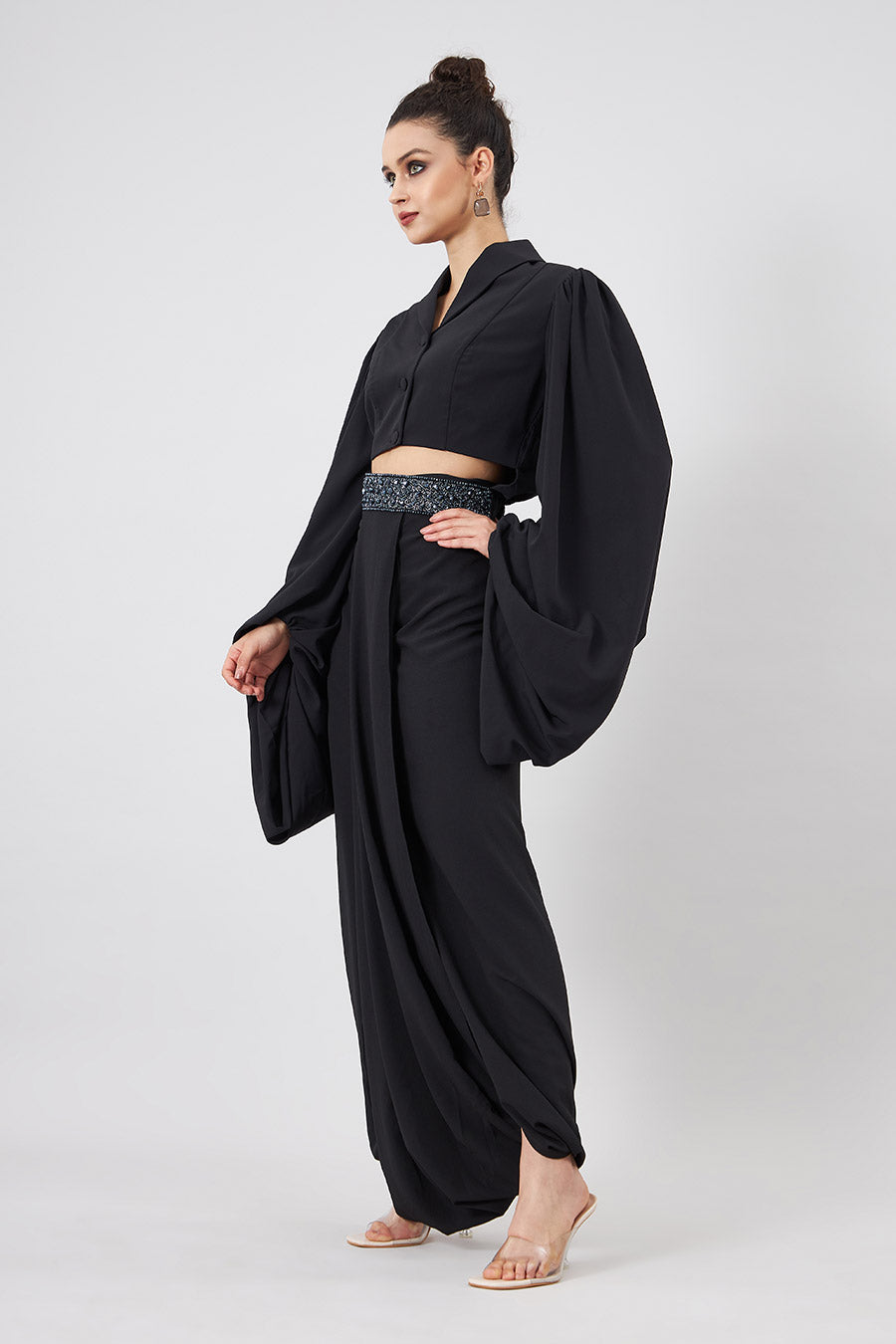 Black Crop Blazer & Skirt With Emebllished Belt