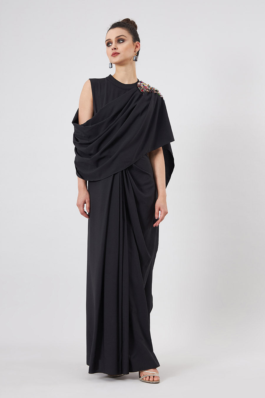 Black Embellished Cowl Drape Dress