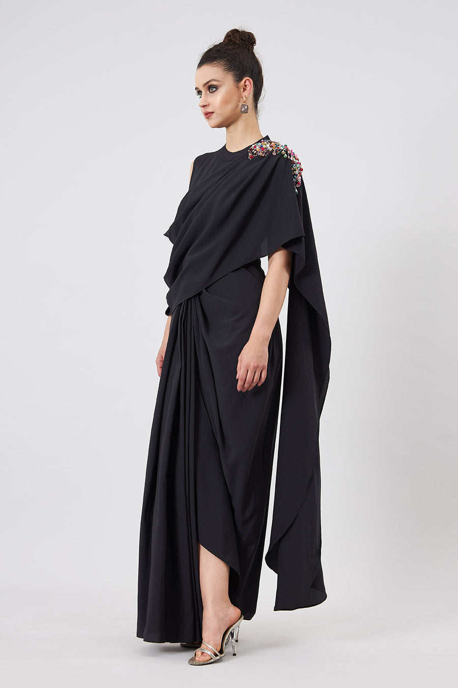 Black Embellished Cowl Drape Dress