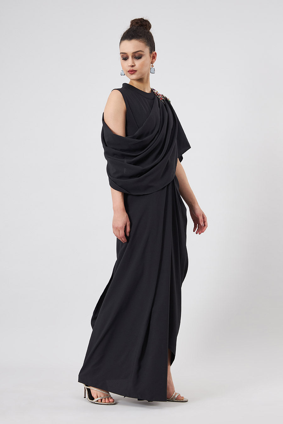 Black Embellished Cowl Drape Dress