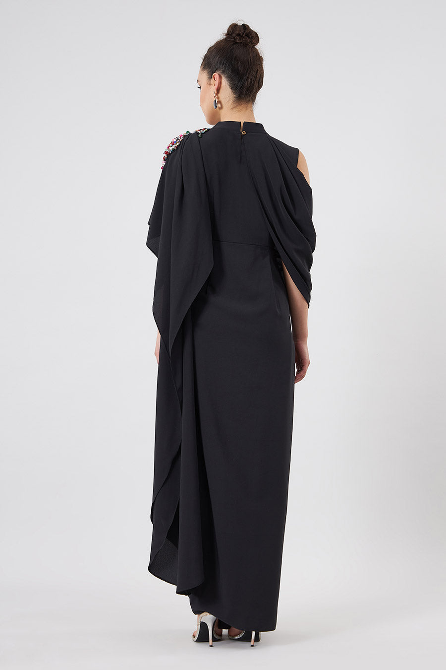 Black Embellished Cowl Drape Dress