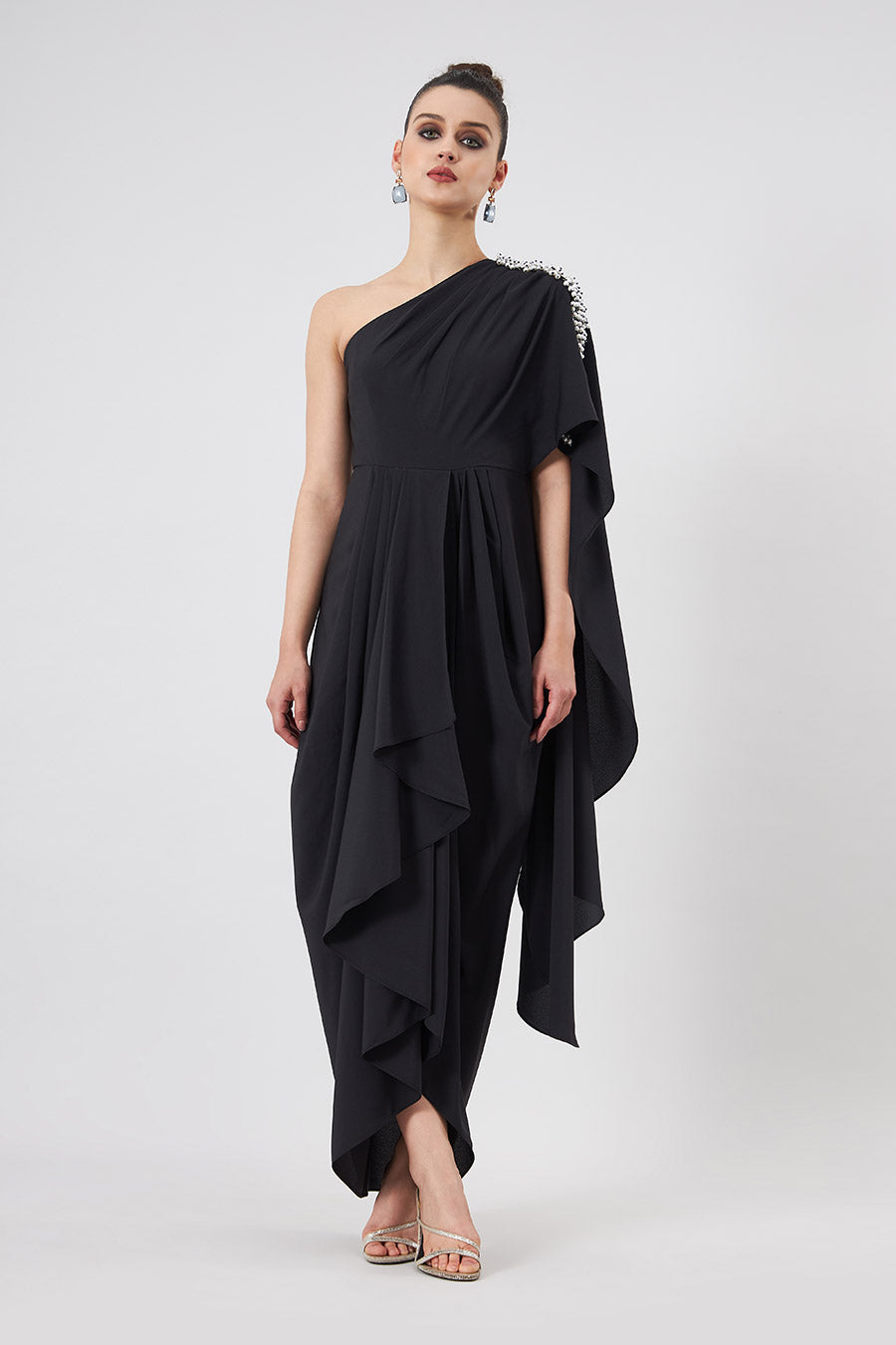 Pearl One-Shoulder Black Drape Dress