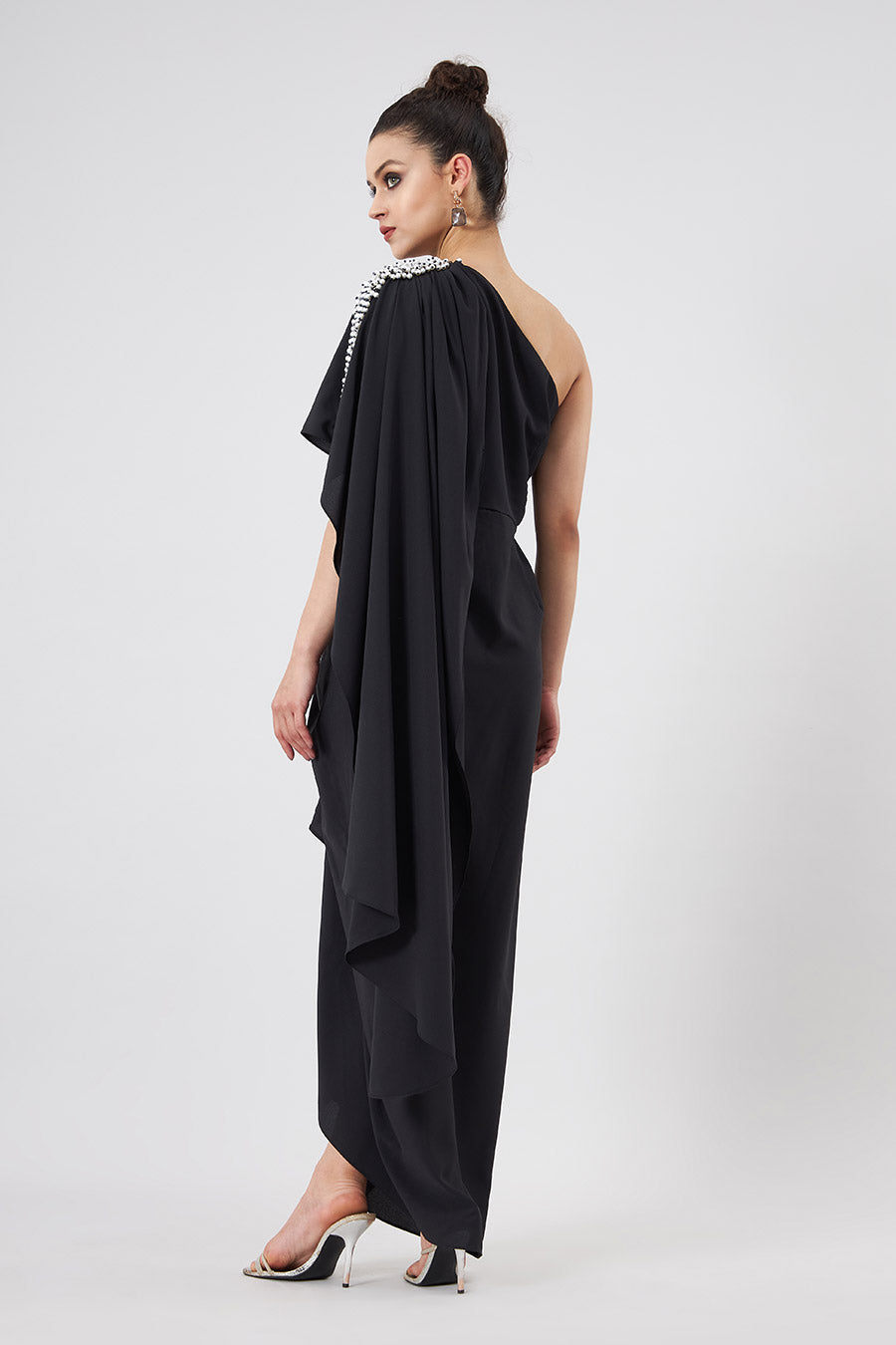 Pearl One-Shoulder Black Drape Dress