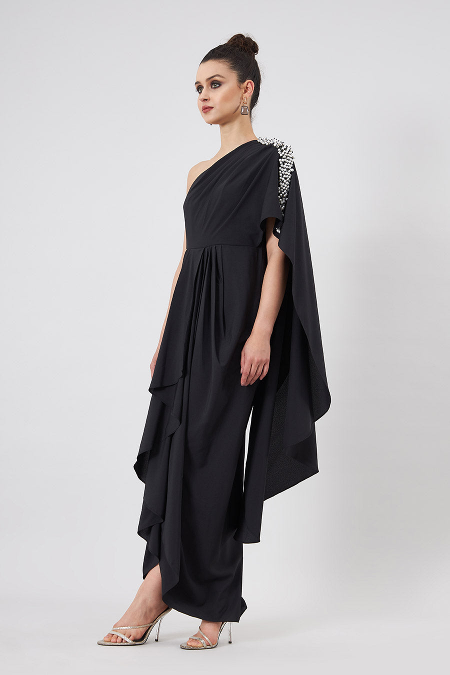 Pearl One-Shoulder Black Drape Dress