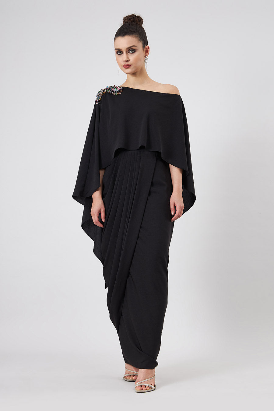 Noir Crystal Embellishment Cape Dress