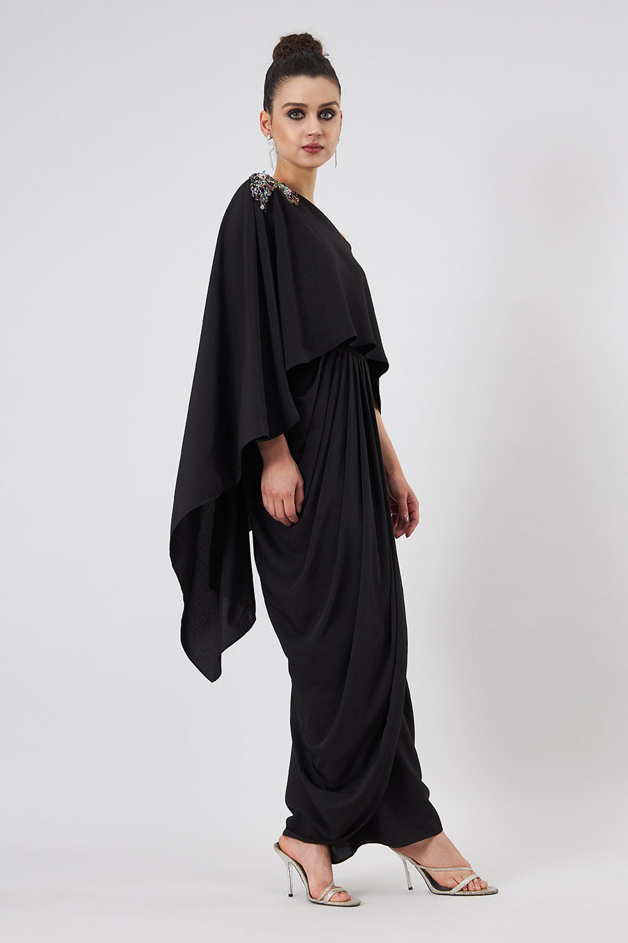 Noir Crystal Embellishment Cape Dress