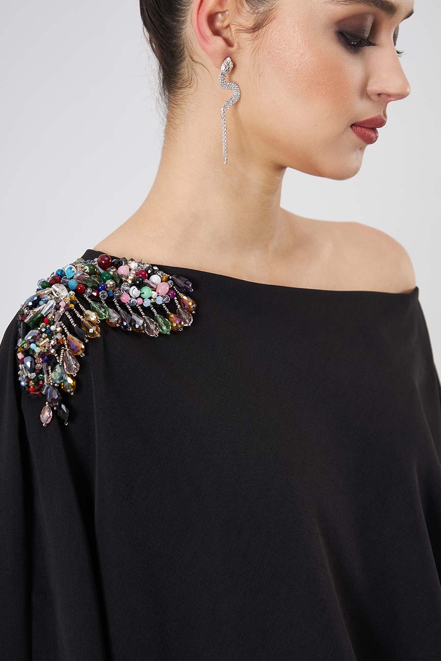 Noir Crystal Embellishment Cape Dress