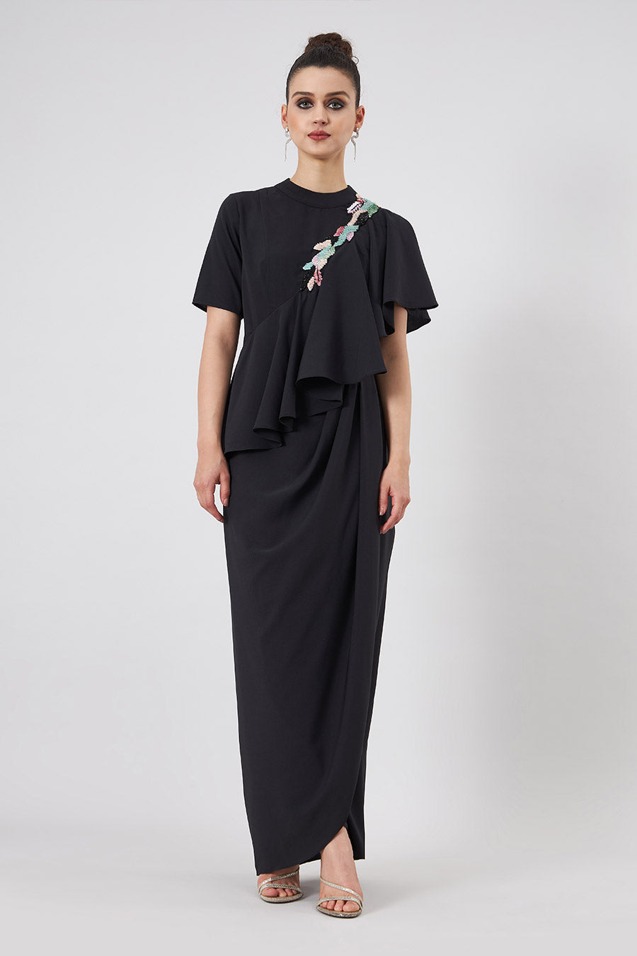 Noir Embroidered Cascade Drape Dress