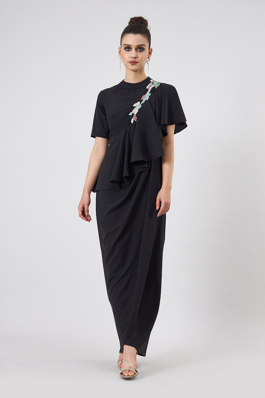 Noir Embroidered Cascade Drape Dress